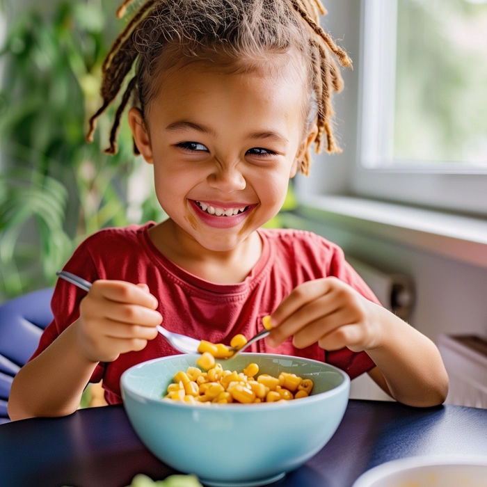 child eats a healthy meal